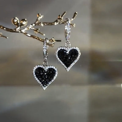 Black Sparkly Diamond Heart Earrings