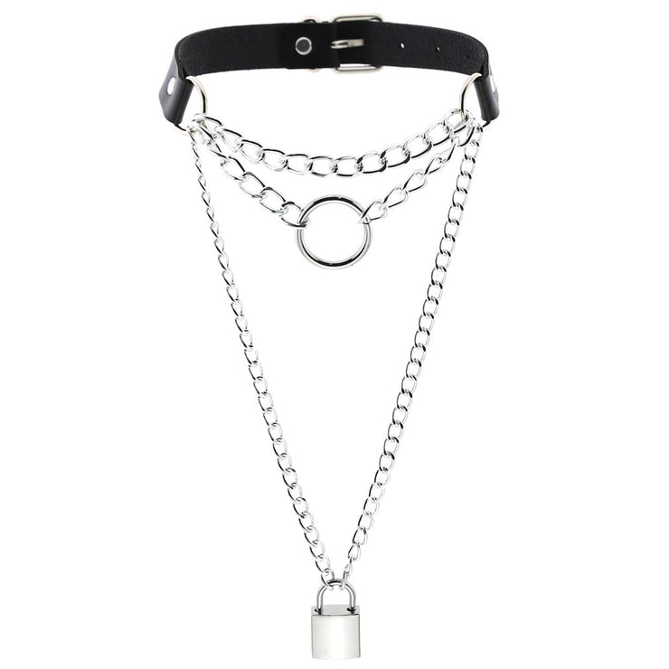 Women's Metal Chain Faux Leather Choker With Lock&Key