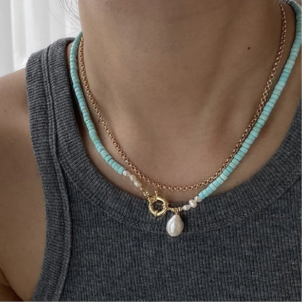 Light blue turquoise natural pearl necklace