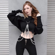 Women's Punk Suspender Black Cropped Hoodies