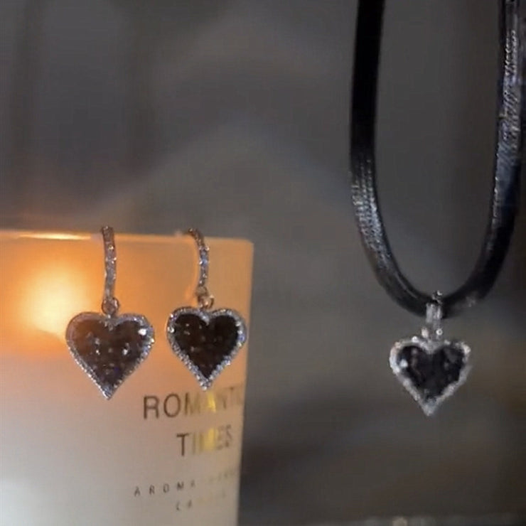 Black Sparkly Diamond Heart Earrings