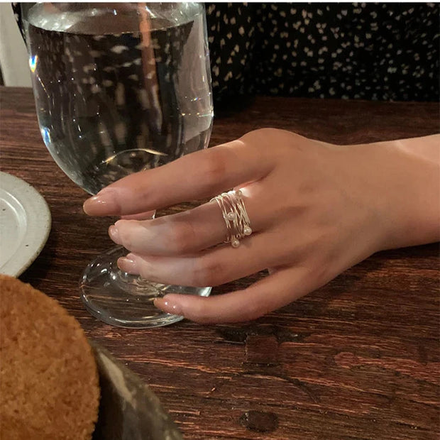 Sterling Silver Multi-Layer Twisted Pearl Ring