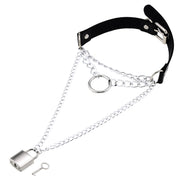 Women's Metal Chain Faux Leather Choker With Lock&Key