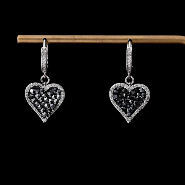 Black Sparkly Diamond Heart Earrings