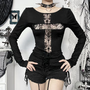 Women's Street Style Cross Lace Patchwork Top