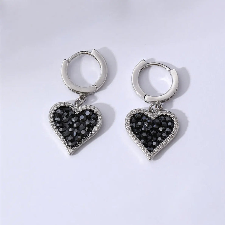 Black Sparkly Diamond Heart Earrings