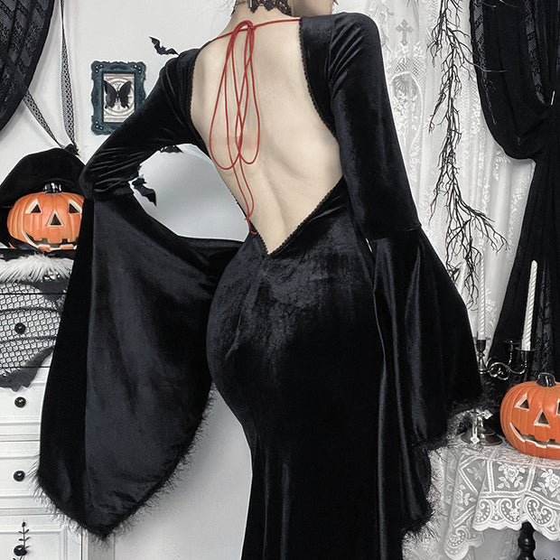 Women's Gothic Sexy Big Backless v-Neck Long Sleeve Dress