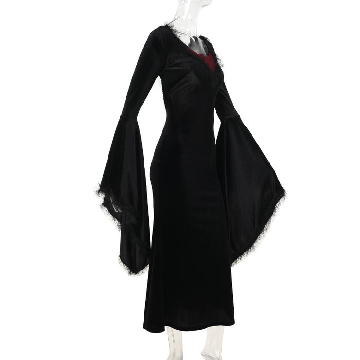 Women's Gothic Sexy Big Backless v-Neck Long Sleeve Dress