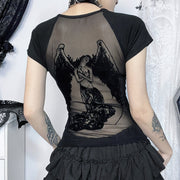 Women's Dark Style Street Versatile Backless Flocked Printed T-Shirt