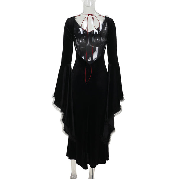 Women's Gothic Sexy Big Backless v-Neck Long Sleeve Dress