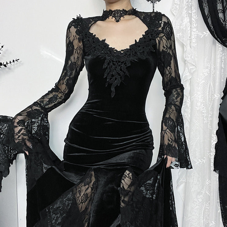 Women's Dark Lace Fishtail Long Sleeve Dress