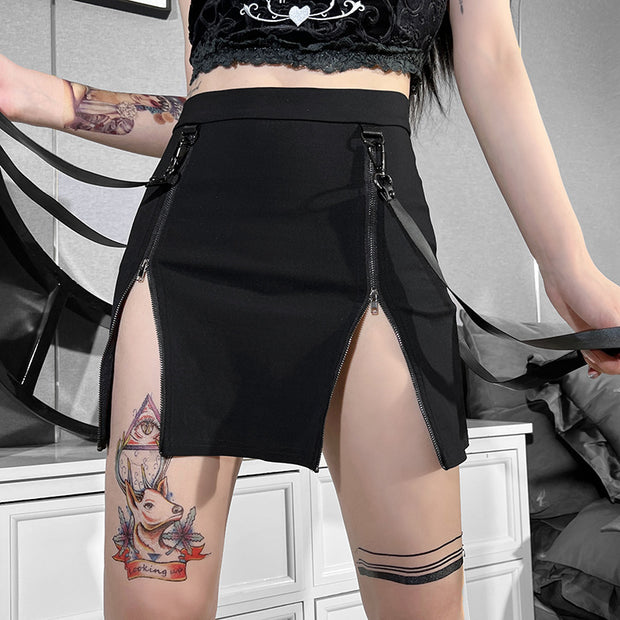 Women's Gothic Double Zipper Hip Split Skirt