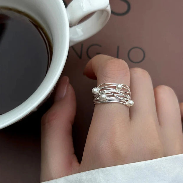 Sterling Silver Multi-Layer Twisted Pearl Ring