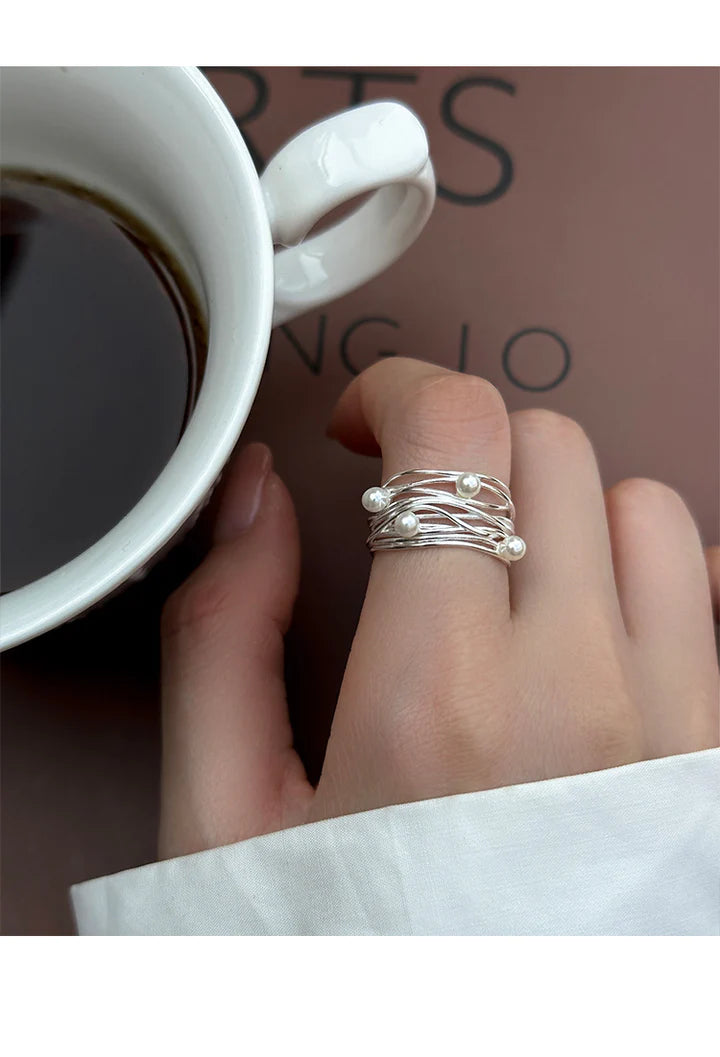Sterling Silver Multi-Layer Twisted Pearl Ring