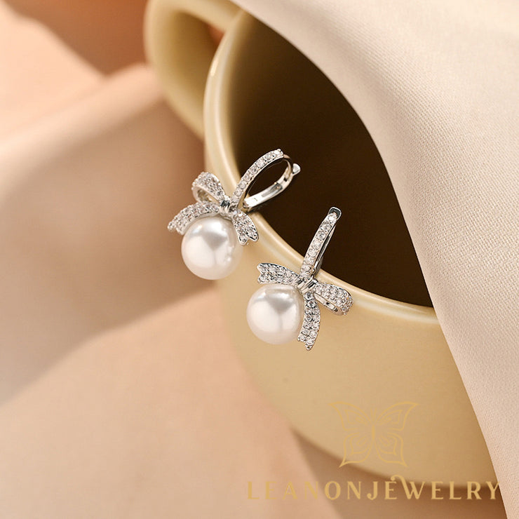 Bow Tie Zirconia Pearl Earrings