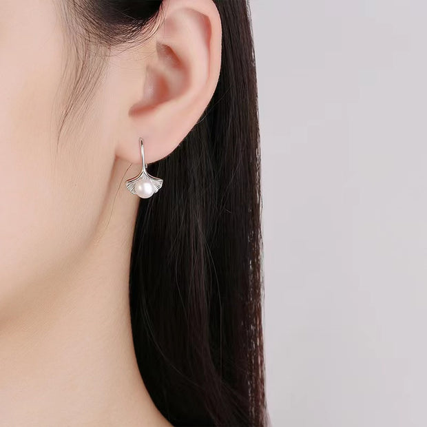 Sterling Silver Ginkgo Leaf Pearl Hoop Earrings