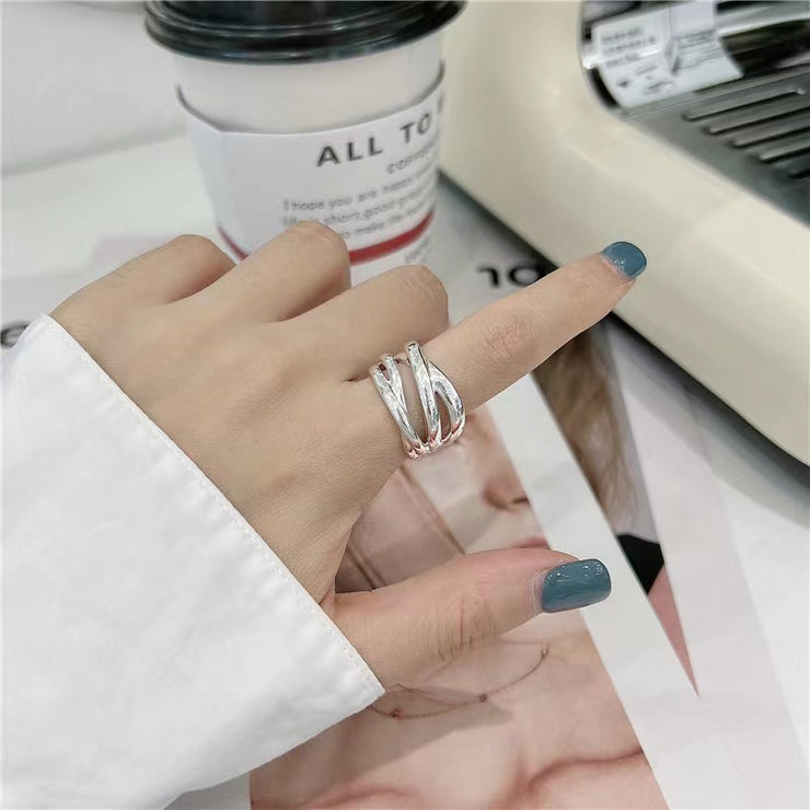 Sterling Silver Multi-Layered Cross Line Ring