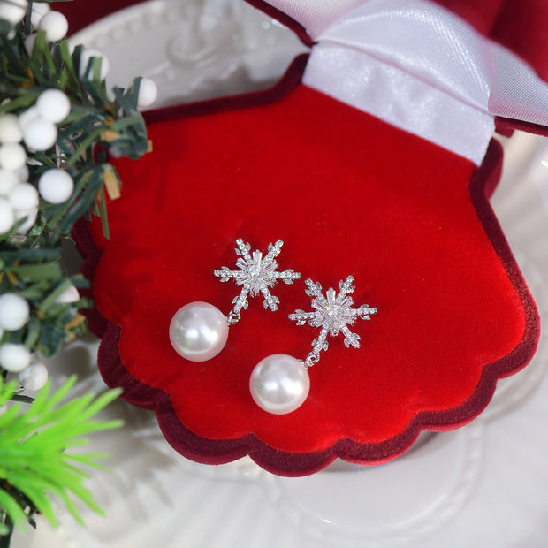 Zircon Snowflake Pearl Earrings