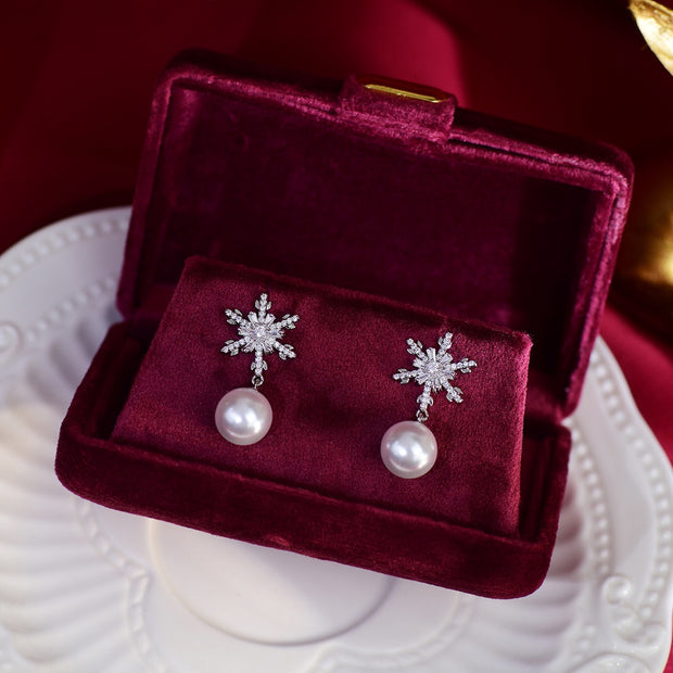 Zircon Snowflake Pearl Earrings