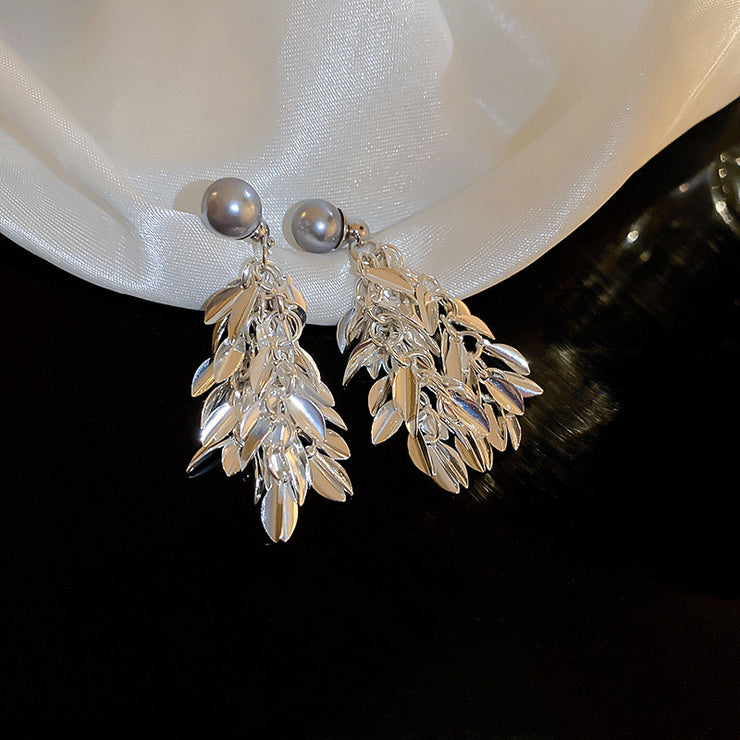 Pearl Leaf Tassel Earrings