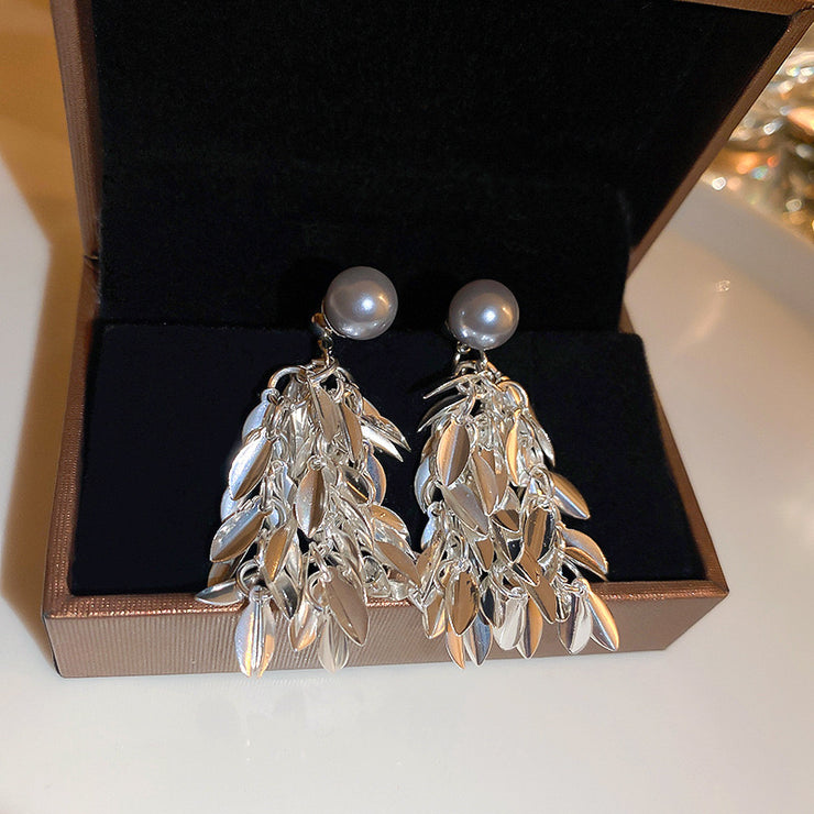 Pearl Leaf Tassel Earrings