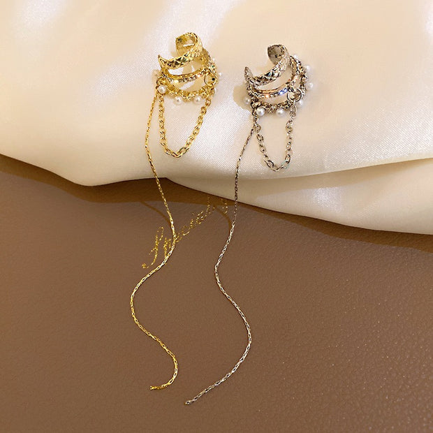 Multi-Layered Tassel and Diamond Pearl Ear Bone Clips