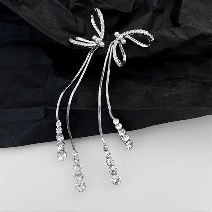 Bow Zirconia Tassel Earrings