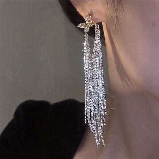 Zirconia Butterfly Tassel Earrings