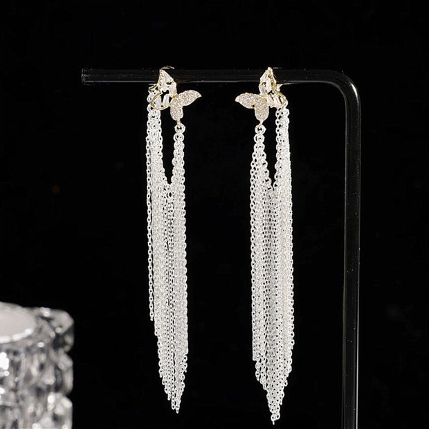 Zirconia Butterfly Tassel Earrings