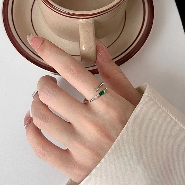 French Vintage Bamboo Emerald Zirconia Adjustable Ring