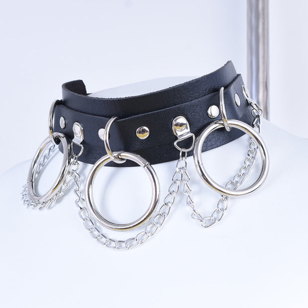 Women's Punk Metal Chains Faux Leather Wide Choker With Three Rings