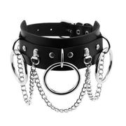 Women's Punk Metal Chains Faux Leather Wide Choker With Three Rings