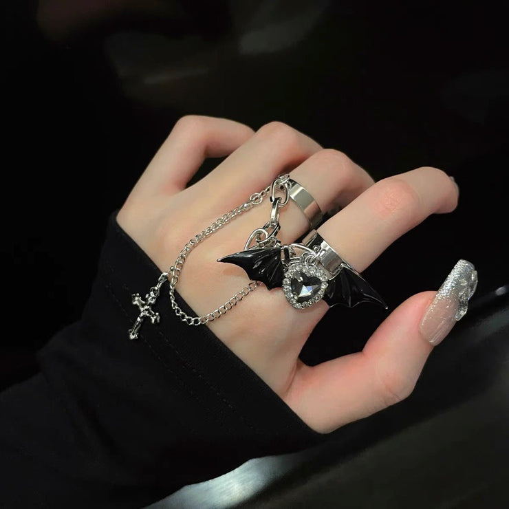 Double Finger Circle Heart Pendant Bat Chain Cross Ring