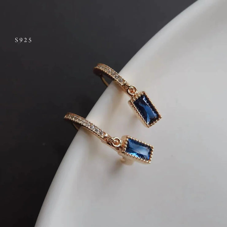 Blue Zirconia Square S925 Sterling Silver Hoop Earrings