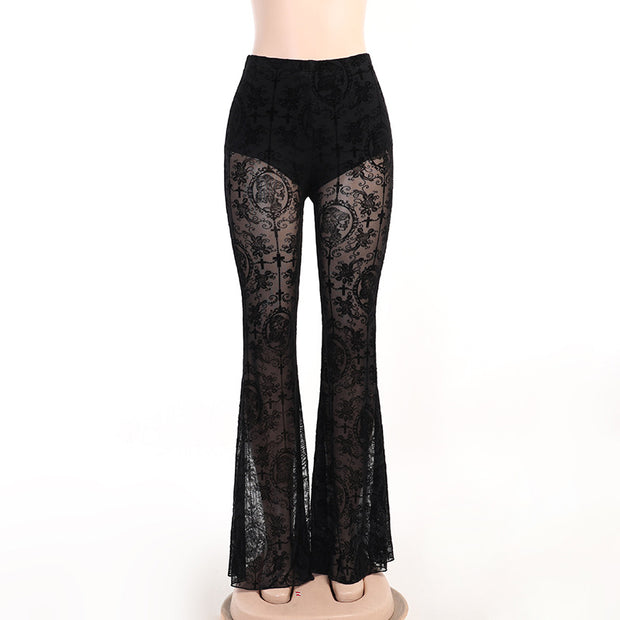 Women's Gothic Sexy Slim Printed Lace Flared Pants