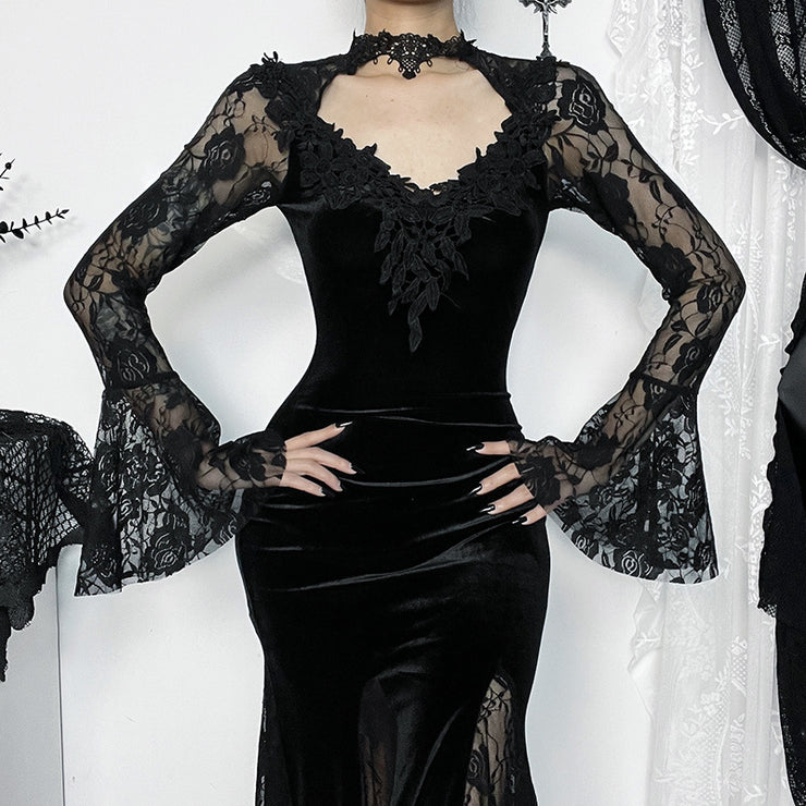 Women's Dark Lace Fishtail Long Sleeve Dress