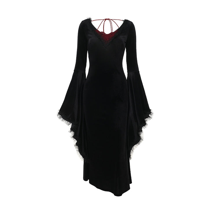 Women's Gothic Sexy Big Backless v-Neck Long Sleeve Dress