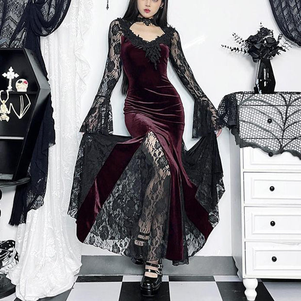 Women's Dark Lace Fishtail Long Sleeve Dress