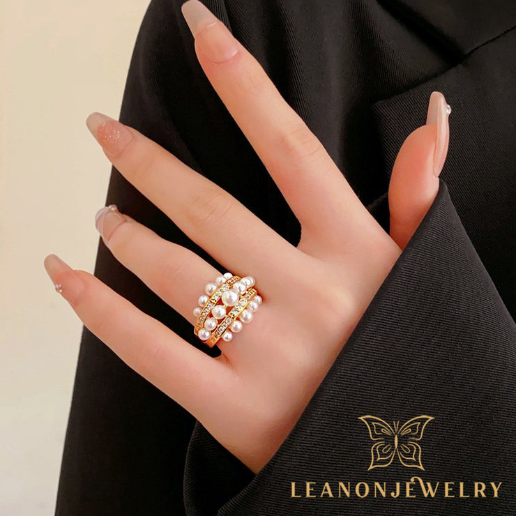 Zircon Openwork Multi Layered Pearl Ring