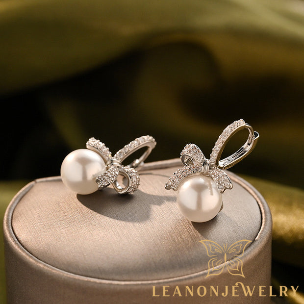 Bow Tie Zirconia Pearl Earrings