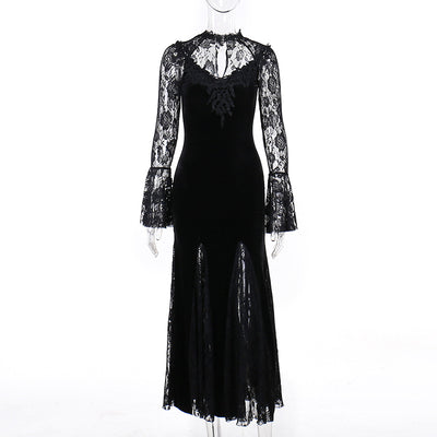 Women's Dark Lace Fishtail Long Sleeve Dress