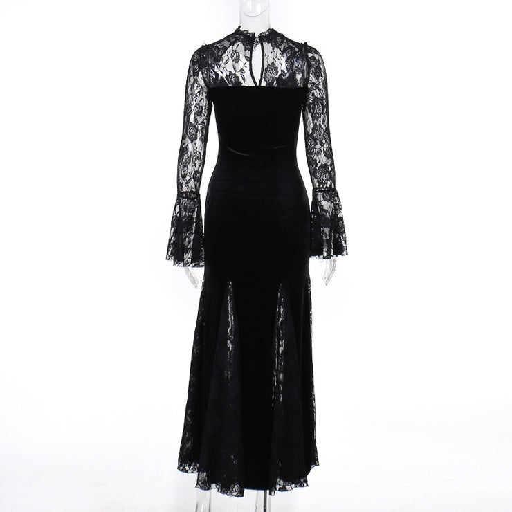 Women's Dark Lace Fishtail Long Sleeve Dress