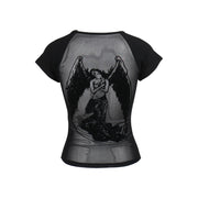 Women's Dark Style Street Versatile Backless Flocked Printed T-Shirt