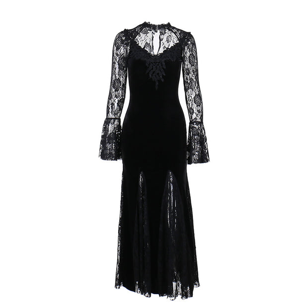 Women's Dark Lace Fishtail Long Sleeve Dress