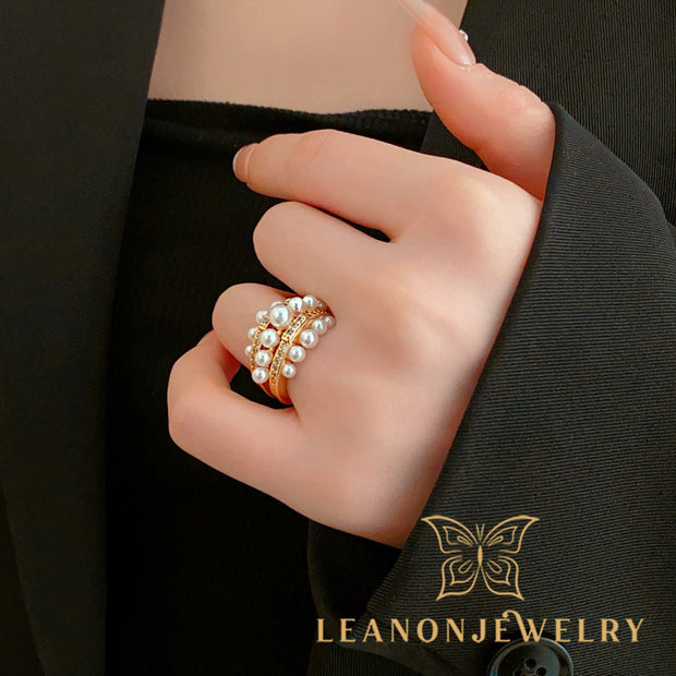 Zircon Openwork Multi Layered Pearl Ring