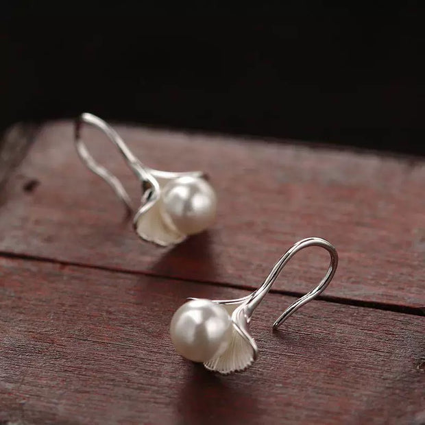 Sterling Silver Ginkgo Leaf Pearl Hoop Earrings