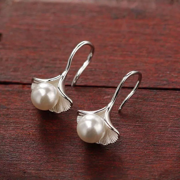 Sterling Silver Ginkgo Leaf Pearl Hoop Earrings