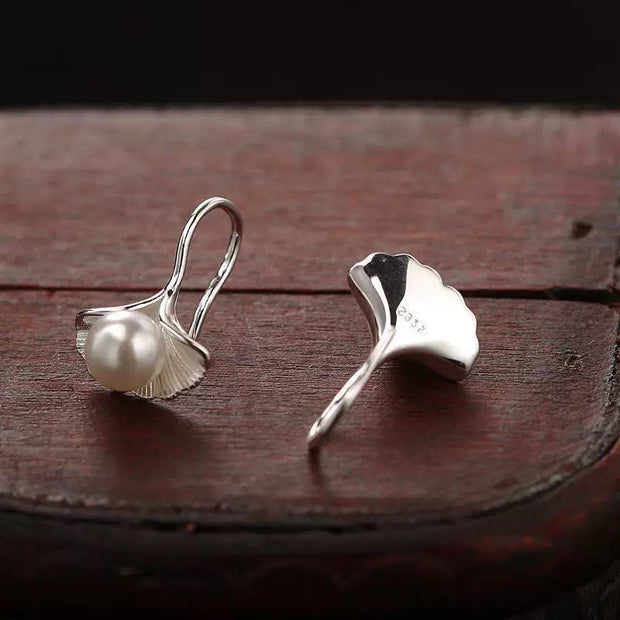 Sterling Silver Ginkgo Leaf Pearl Hoop Earrings