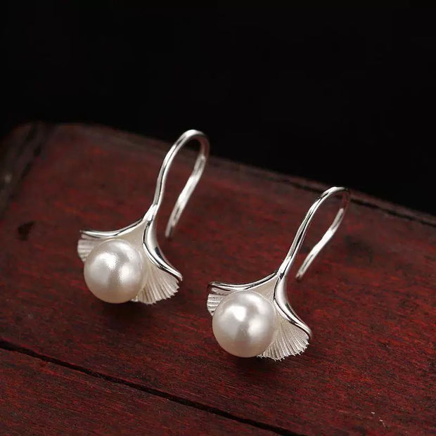 Sterling Silver Ginkgo Leaf Pearl Hoop Earrings