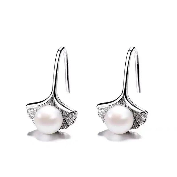 Sterling Silver Ginkgo Leaf Pearl Hoop Earrings